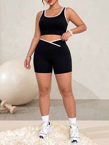 Easithlete Easithlete Women's Plus Size Striped Contrast Color Tank Top And Criss-Cross Waist Shorts Sports Set - Black - View 1