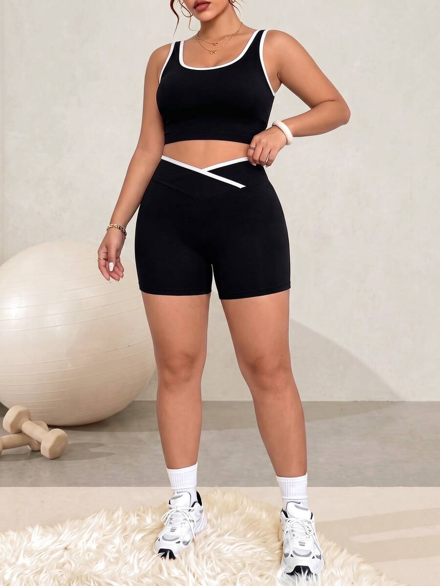 Easithlete Easithlete Women's Plus Size Striped Contrast Color Tank Top And Criss-Cross Waist Shorts Sports Set - Black - View 1