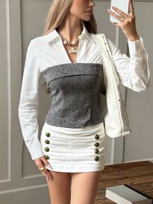 DAZY Women's Colorblock Casual Daily Long Sleeve Shirt - White - View 8