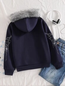 SHEIN Sparklyn 1件女款深色甜酷風加厚秋冬戶外購物夾克，大廓形毛領連帽拉鍊衛衣，鑲鑽字母設計，抓絨內裡寬鬆長袖衛衣外套 - 藍色 - 查看 2