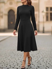 EMERY ROSE Women's Solid Color Casual Elegant Minimalist Party Office Semi Formal Mid-Length Dress Black Autumn - Black - View 7