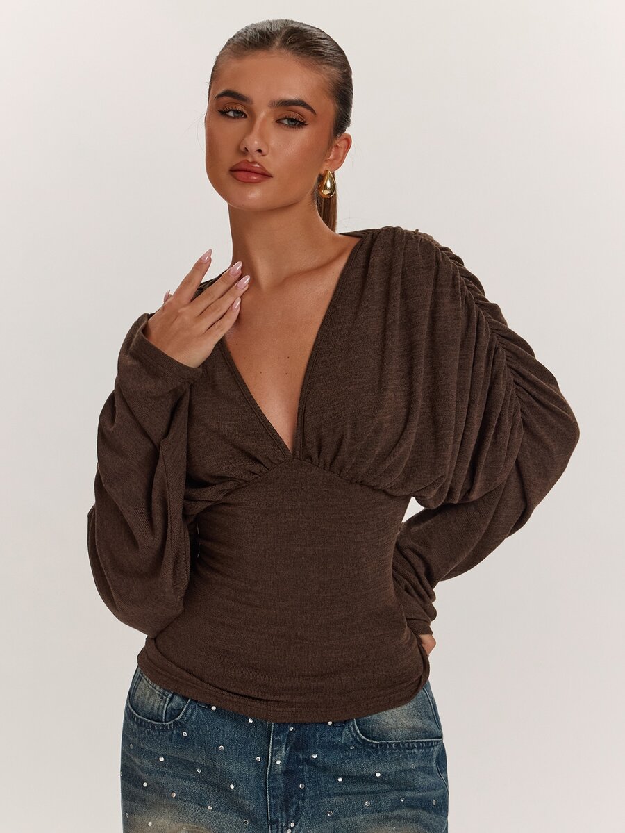SHEIN BAE Women's V-Neck Sexy Long Sleeve Top Fall Clothes For Women , Winter Clothes, Fall/Winter Halloween - Brown - View 1