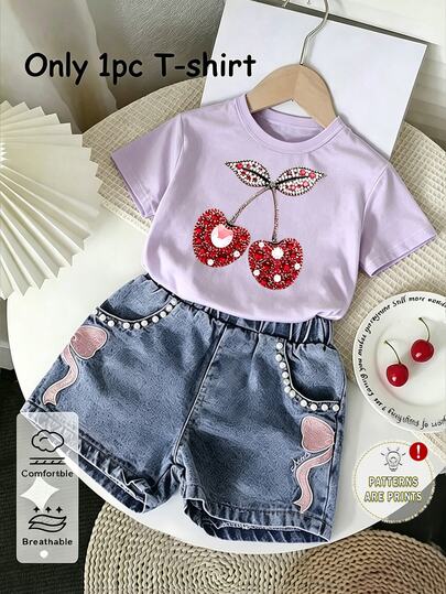 SHEIN (1 Pc) Baby Girls Casual Fresh Cute Minimalist Shiny Cherry Leaf Pattern Basic Purple Short T-Shirt Innerwear, Spring Summer Autumn Winter