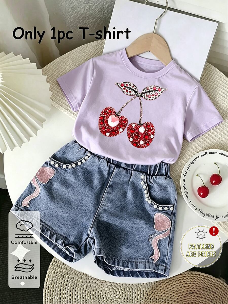 SHEIN (1 Pc) Baby Girls Casual Fresh Cute Minimalist Shiny Cherry Leaf Pattern Basic Purple Short T-Shirt Innerwear, Spring Summer Autumn Winter - Purple - View 1