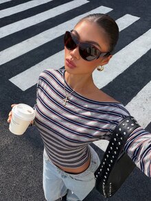 Muchica 女款休閒舒適灰色、紅色與海軍藍條紋針織V領長袖T恤，秋冬款 - 藏蓝色 - 查看 4