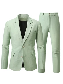 Manfinity Bizformal 男士鼠尾草綠色 2 件套西裝，夏季休閒商務婚禮西裝套裝，西裝外套與長褲，正式舞會西裝，適合日常穿著，給丈夫的儀式禮物... - 綠色 - 查看 3
