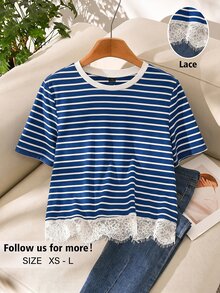 Story & Sage 休閒居家與度假女款 T-shirt，春夏寬鬆條紋蕾絲飾邊拼接短袖上衣 - 寶藍色 - 查看 1
