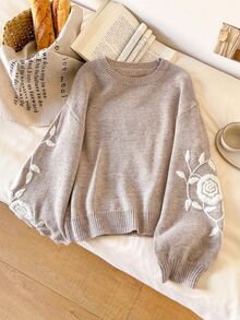 Story & Sage Women's Floral Embroidered Pattern Casual Daily Long Sleeve Sweater - Grey - View 1