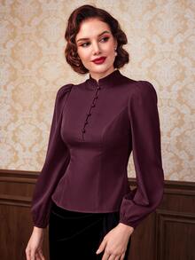 Vintamour Áo blouse nữ màu trơn thiết kế cúc tay dài phồng - Màu đỏ tím - Xem 9
