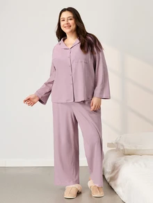 LUVLETTE Set Piyama Wanita Ukuran Plus Katun Lembut Nyaman Motif Waffle Kotak-kotak Klasik untuk Musim Gugur, Atasan Lengan Panjang dan Celana Panjang, Pakaian Musim Gugur - Berwarna merah muda - View 10