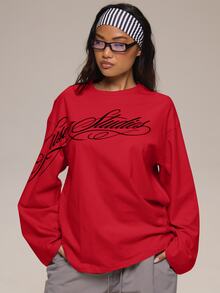 MUSERA 白色圖案 Logo 細節長袖上衣 冬季休閒日常舒適穿搭 女款 - 紅色 - 查看 5