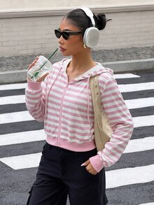 valorelle valorelle Women's Striped Hooded Zip-Up Casual Multi-Purpose Daily Long Sleeve Jacket - Pink - View 4