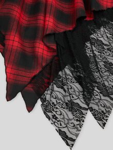 Sweetra Plus Size Autumn/Winter Vintage Plaid Patchwork Mesh Asymmetrical Hem Skirt - Multicolor - View 4