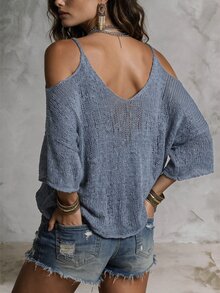 Solivie Women's Vacation Casual Colorblock Striped Cold Shoulder Camisole Sweater - Dusty Blue - View 2