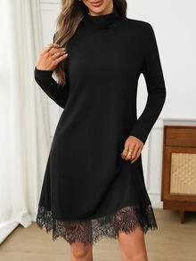 EMERY ROSE Women's French Lace Patchwork Long Sleeve Dress For Dating - Black - View 3