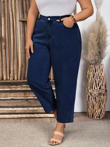 EMERY ROSE Plus Size Casual Versatile Straight Leg Denim Jeans With Pockets - Dark Wash - View 3