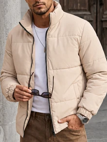 Manfinity CasualCool 男士立領拉鍊冬季加厚棉襖，適合戶外休閒穿著 - 卡其色 - 查看 4
