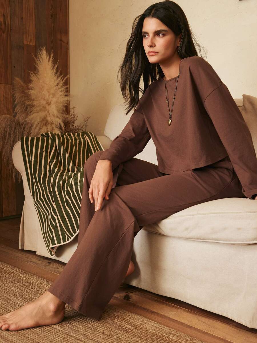 Lullawish Women's 100% Cotton Knitted Drop Shoulder Long Sleeve Top And Pants Pajama Set - Brown - View 1