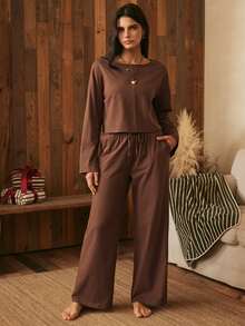 Lullawish Women's 100% Cotton Knitted Drop Shoulder Long Sleeve Top And Pants Pajama Set - Brown - View 4