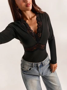 SHEIN BAE Fall Black Lace Patchwork Deep V Neck Backless Sexy Slim Fit Long Sleeve Inner Shirt Halloween Party Date Night Going Out - Black - View 7
