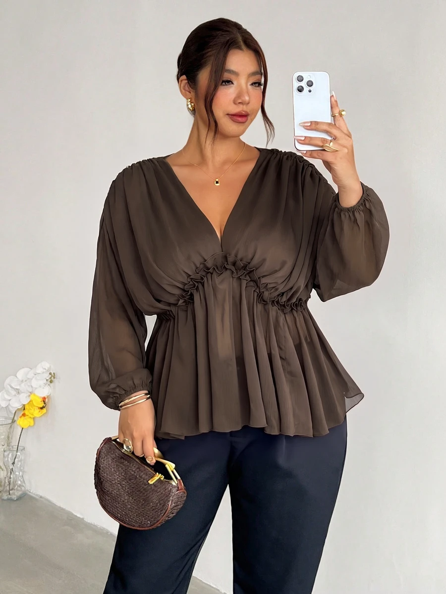 Firerie Plus Size Women Solid Color V-Neck Lantern Sleeve Ruffle Hem Fashion Blouse - Coffee Brown - View 1