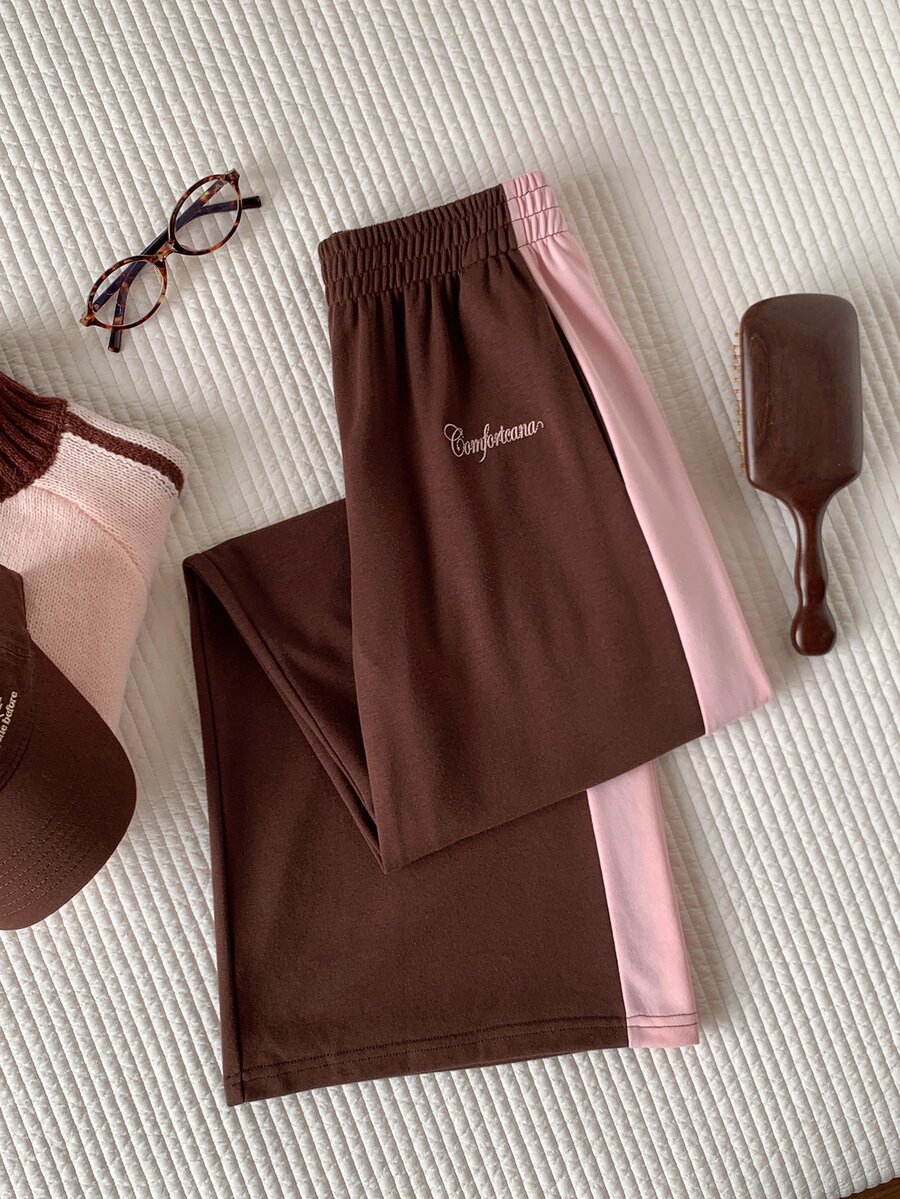 Comfortcana Women's Casual Colorblock Striped Wide Leg Sweatpants, Suitable For Summer, Spring, Autumn, Cream Yellow Wide Leg Pants - Coffee Brown - View 1