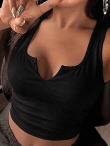 Slaydiva (Premium Fabric Version) - Summer Knitted Fine Ribbed Multi-Functional Sleeveless Cropped Solid Color Notch Neck Tank Top - Black - View 8