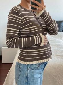 Dazy Maternity Contrast Color Striped Fitted Long Sleeve Ruched Ruffle Round Neck Casual Vacation Street Korean Style Autumn/Winter Knit Cardigan For Pregnant Women - Brown - View 5