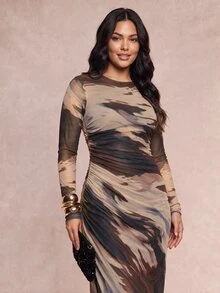 SHEIN Tall CURVE 大尺碼紮染長袖抓皺度假洋裝 秋季款 - 彩色 - 查看 9