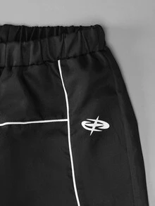 SHEIN 青少年酷感百搭夏季品牌運動抽繩黑色寬鬆工裝直筒長褲 - 黑色 - 查看 4