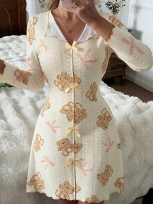 CottageSlumber Cartoon All-Over Print Bear Nightgown, Collared Bow Frill Trim Long Sleeve Loungewear Maxi Dress - Beige - View 6