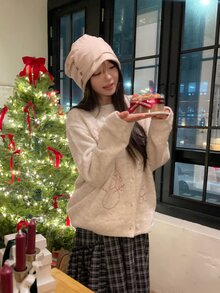 DAZY Women's Round Neck Cartoon Colorblock Outline Casual Korean Style Long Sleeve Autumn/Winter Cardigan - Beige - View 9