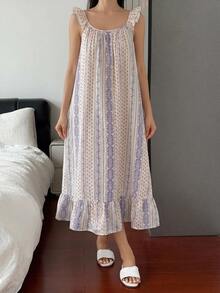 DAZY Vestido Longo de Dormir Feminino com Alças Finas e Babado Floral Delicado - Roxo - Visão 4