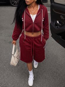 Dewbera Dewbera Women's Colorblock Zip-Up Casual Daily Travel Sports Sweatshirt - Burgundy - View 5