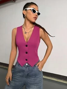 Sweetra 女款性感時尚鈕扣背心西裝外套 - 玫紅色 - 查看 5