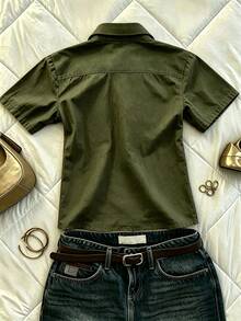 IslaSuriya Women's Summer Solid Color Casual Versatile Daily Wear Shirt Office Olive Green - Army Green - View 2