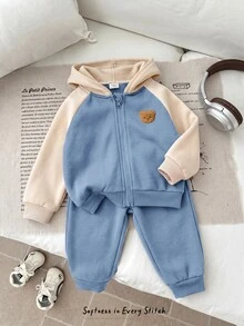 Cozy Pixies Baby Boy Cartoon Bear Pattern Color Block Long Sleeve Winter Autumn Jacket Elastic Waist Long Pants 2pcs Set Thermal Lined Thick Suitable For Winter - Dusty Blue - View 8
