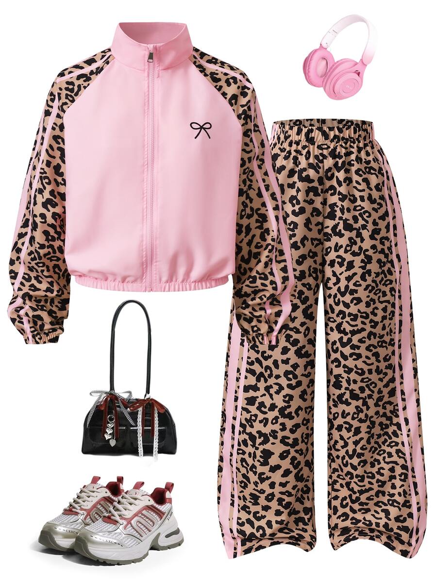 SHEIN 2件組時尚休閒女款/青少年新款拼接拉鍊立領夾克與寬鬆豹紋長褲,適合春秋冬,戶外、旅行、街頭風、日常休閒、居家、旅行、開學季、日常穿搭 - 彩色 - 查看 1