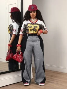 Slaydiva Celana Jeans Lebar dengan Kancing Saku dan Warna Kontras Ukuran Plus, Cocok untuk Liburan, Jalan-jalan, Musim Gugur, Kasual, dan Anti Sosial. - Hitam - View 6