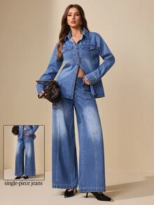 Selenza Celana Jeans Denim Kasual Longgar Kaki Lebar dengan Desain Saku untuk Wanita - Biru - View 1