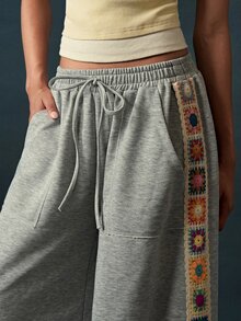 Bohemela Women's Vintage Woven Drawstring Waist Pocket Loose Long Pants - Grey - View 3