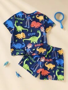 Blippi X SHEIN ملابس منزلية للأولاد الصغار بطبعة ديناصور كرتونية، ملابس علوية قصير الأكمام وشورت - متعدد الألوان - مشاهدة 2