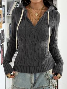 StreetHx Women's Autumn/Winter Fashion Versatile Lazy Casual Commute Street Half-Open Hooded Pullover Sweater - Grey - View 3