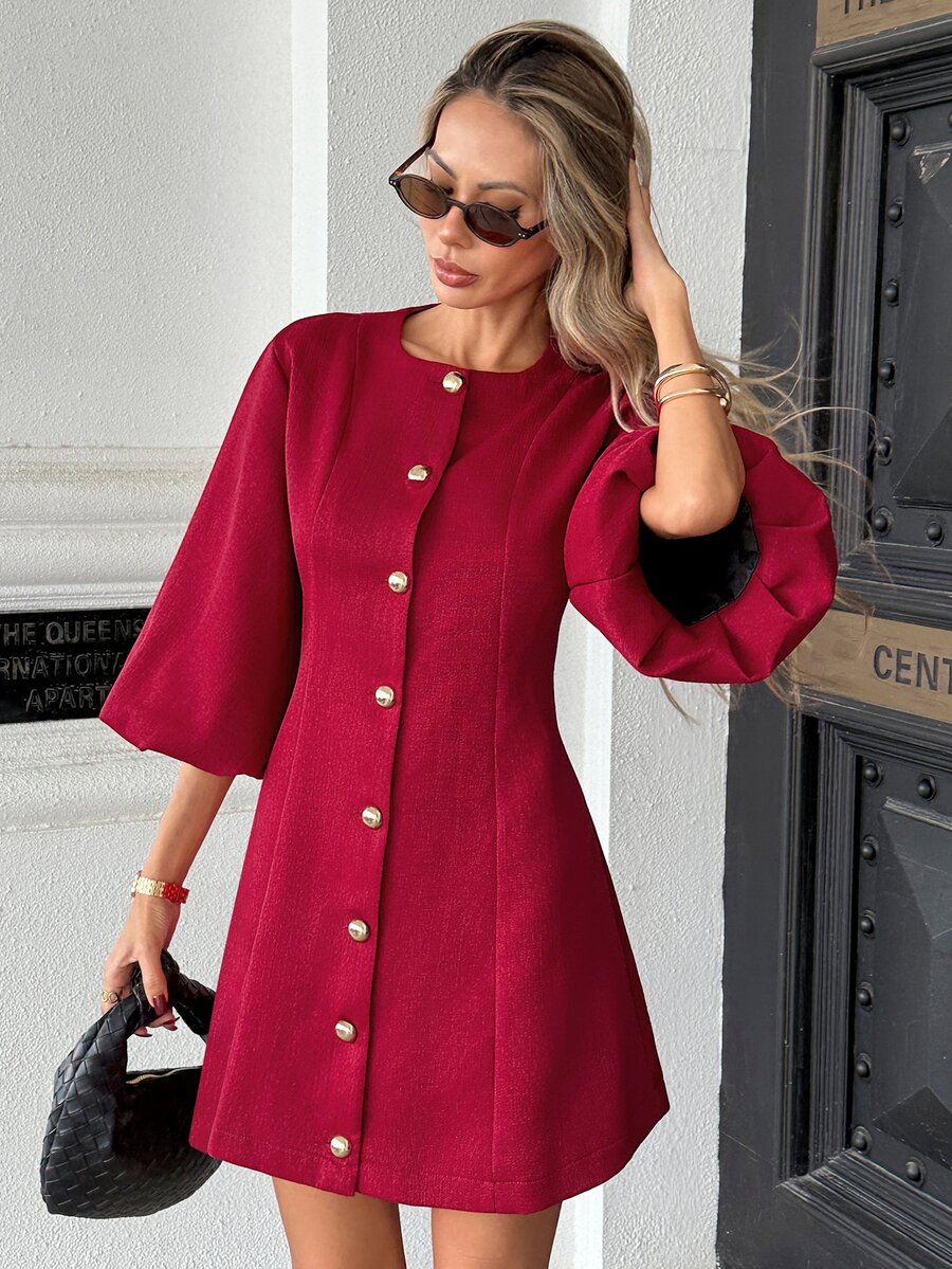 Pariaura Desain Fashion Baru, Gaun Pendek Kasual Elegan Serbaguna dengan Leher Bulat Warna Burgundy - Burgundy - View 1