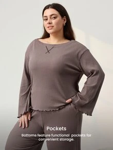 LUVLETTE Fall Women's Plus Size Brown Round Neck Long-Sleeved Pants Loungewear Set, Ribbed Texture Fabric, Comfortable Cotton Pajamas Lounge Sets For Women - Coffee Brown - View 6