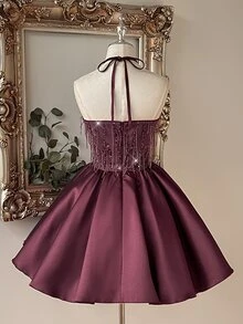 Lovelzi Elegant Romantic Fashion Berry Red Tassel Sequin Lace Patchwork Satin Halter Neck Design Oversized Flare Short Dress Suitable For Homecoming, Prom, Wedding, Party And Other Formal Occasions - Red Violet - View 1