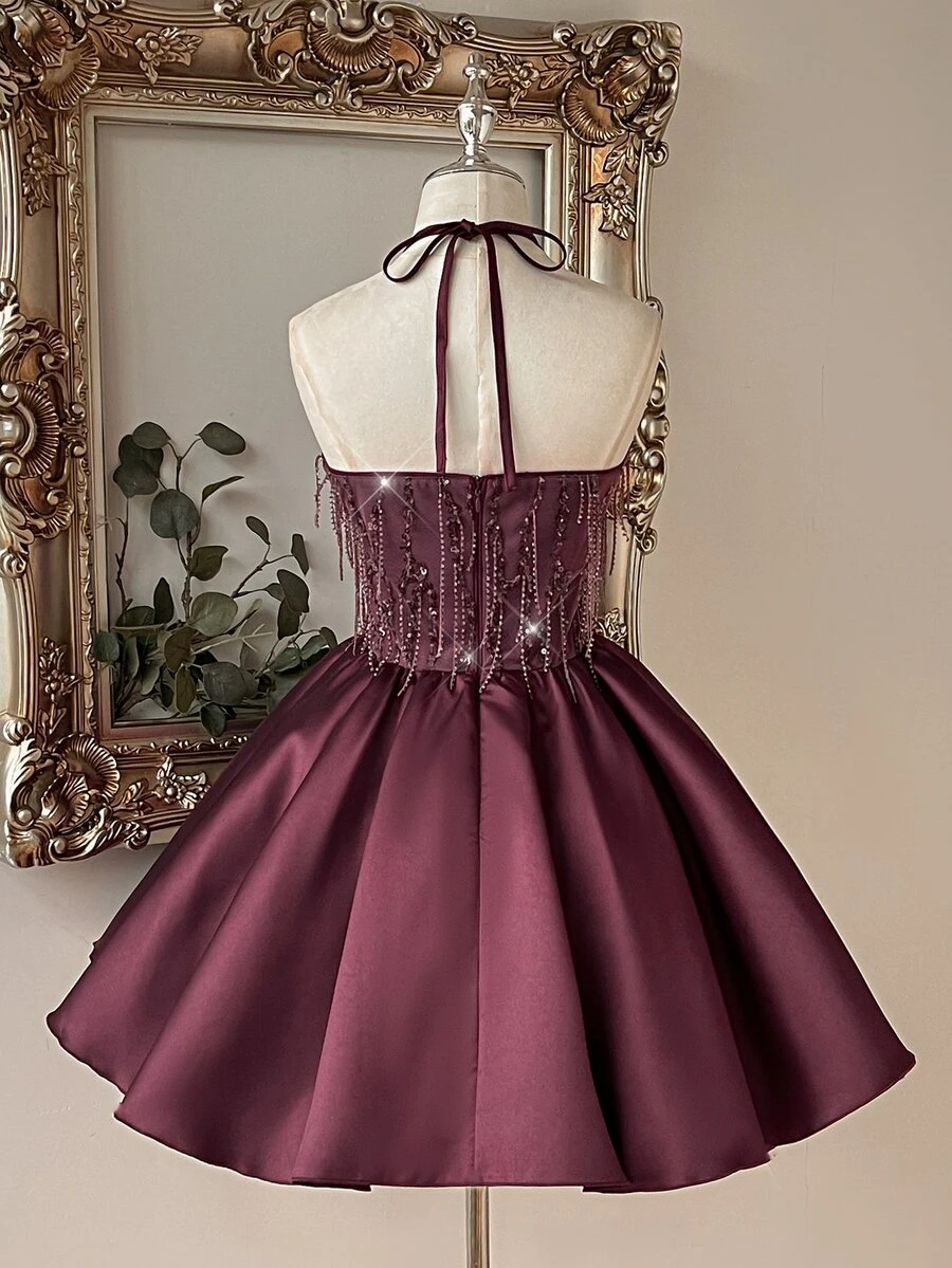 Lovelzi Elegant Romantic Fashion Berry Red Tassel Sequin Lace Patchwork Satin Halter Neck Design Oversized Flare Short Dress Suitable For Homecoming, Prom, Wedding, Party And Other Formal Occasions - Red Violet - View 1