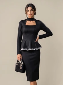 SHEIN Clasi طقم ملابس نسائي أنيق مكون من ملابس علوية بأكمام طويلة وحافة مكشكشة مرصعة بالراين ستون بتصميم باتشوورك مع تنورة - الأسود - مشاهدة 5
