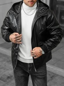 Manfinity CasualCool 男士長袖保暖拉鍊連帽絎縫夾克，冬季黑色街頭風 Y2K 飛行夾克 - 黑色 - 查看 5