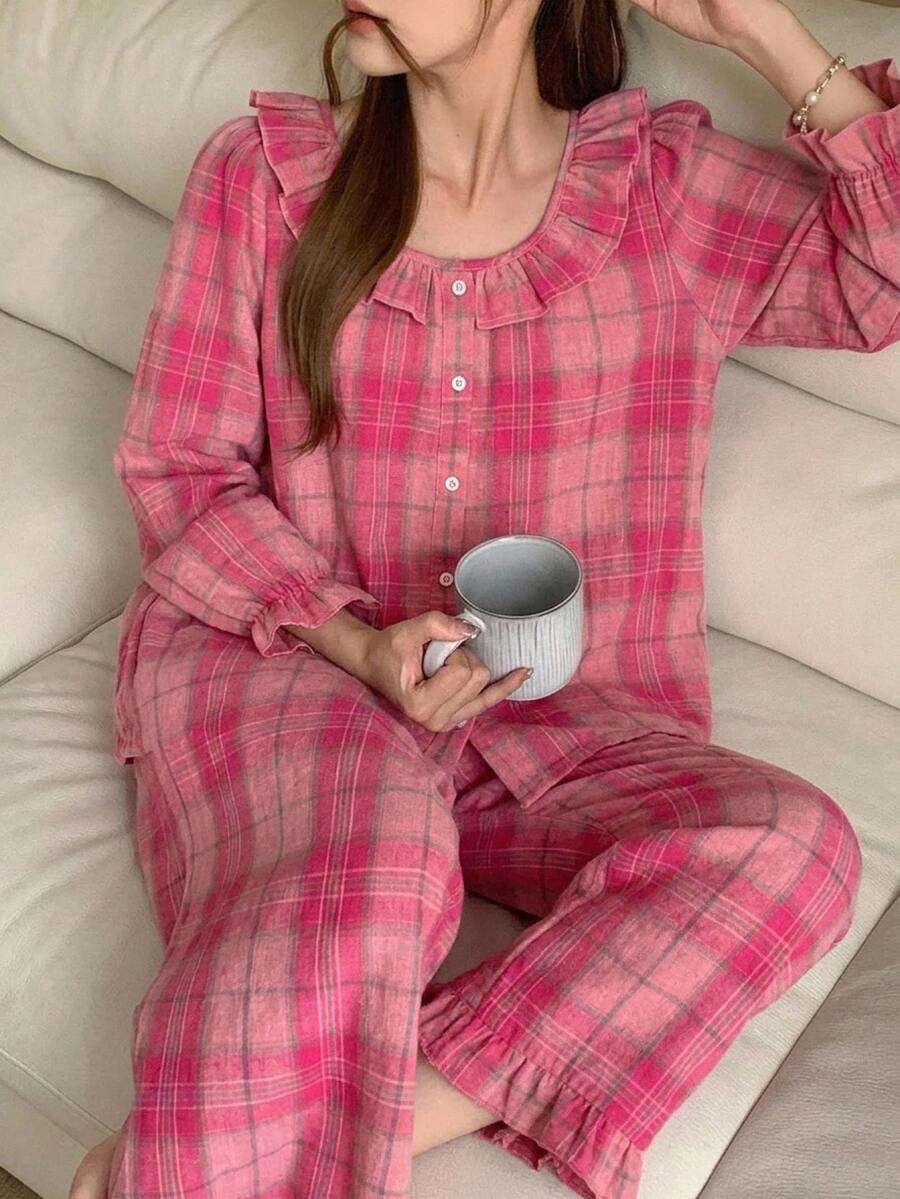 DAZY 2pcs/Set Sweet Plaid Loose Long Sleeve Long Pants Pajama Set For Women - Pink - View 1